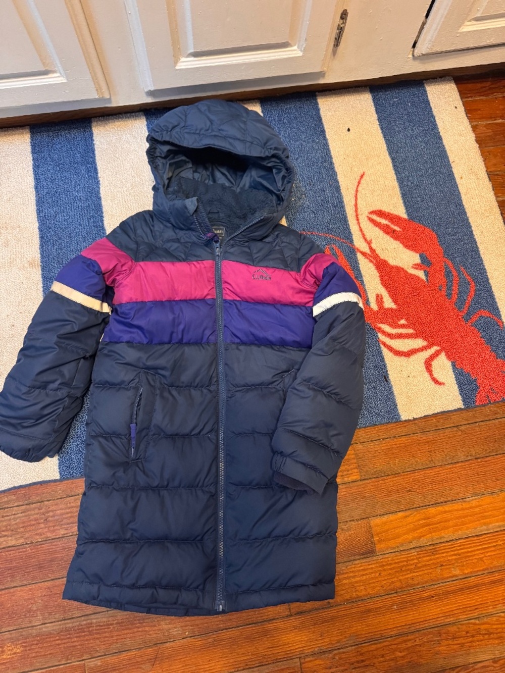 L.L. Bean long style 650 fill' Puffer Coat with Purple & Pink Panels size 6-7